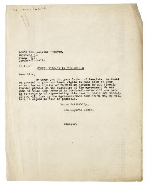 Image of letter from the Hogarth Press to Logos Agency of Prague (11/01/1932) page 1 of 1