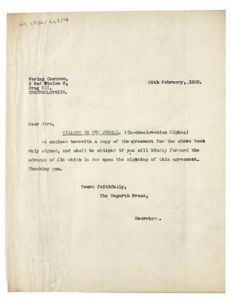 Image of typescript letter from the Hogarth Press to the Verlag Centrum (25/02/1932) page 1 of 1