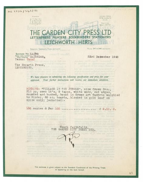 Image of typescript letter from the Garden City Press Ltd to the Hogarth Press (23/12/1940) page 1 of 2