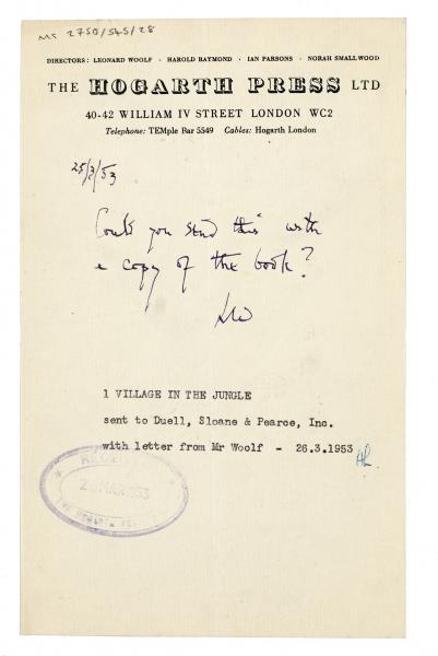 Image of cover note from the Hogarth Press to Duell, Sloathe, and Pearce Inc (26/03/1953)