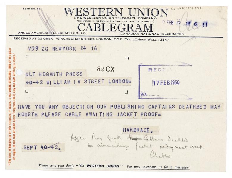 ablegram from Image of cablegram from Harcourt Brace and Company Inc. to The Hogarth Press (17/02/1950)