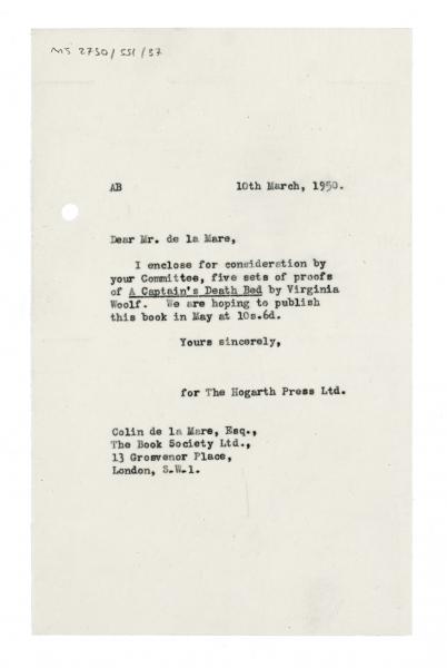 Image of typescript letter from Aline Burch to The Book Society (10/03/1950) page 1 of 1
