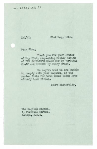 Image of typescript letter from The Hogarth Press to The English Digest (31/05/1950) page 1 of 1