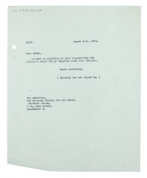 IImage of typescript letter from Leonard Woolf to The National Library for the Blind (15/08/1950) page 1 of 1