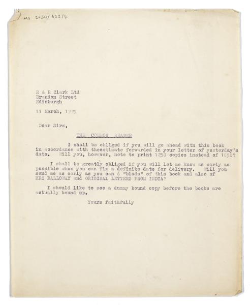 Image of typescript letter from The Hogarth Press to R. & R. Clark (11/03/1925) page 1 of 1