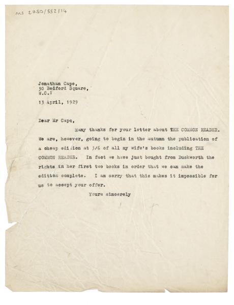 Image of typescript letter from The Hogarth Press to Jonathan Cape (13/04/1929) page 1 of 1