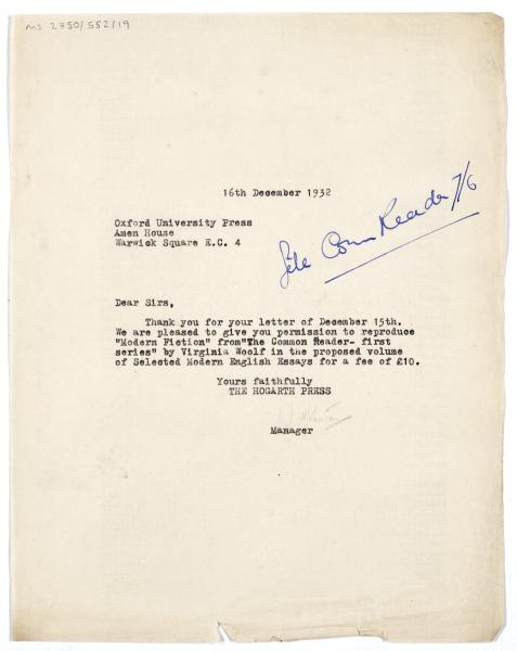 Image of typescript letter from Miss Scott Johnson to The Oxford University Press (16/01/1932) page 1 of 1