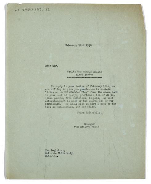 Image of typescript letter from The Hogarth Press to the Registrar of Calcutta University (18/02/1938) page 1 of 1