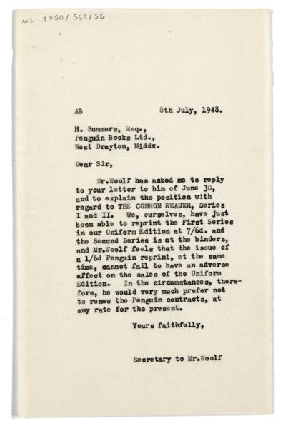 Image of typescript letter from Aline Burch to Penguin Books (08/07/1948) page 1 of 1
