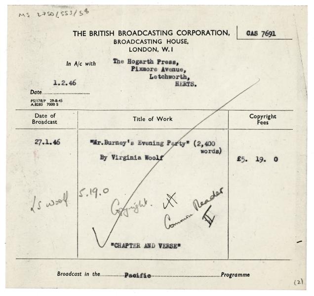 Image of a telegram from British Broadcasting Corporation to Hogarth Press (25 Jan 1946 - 01 Feb 1946) 