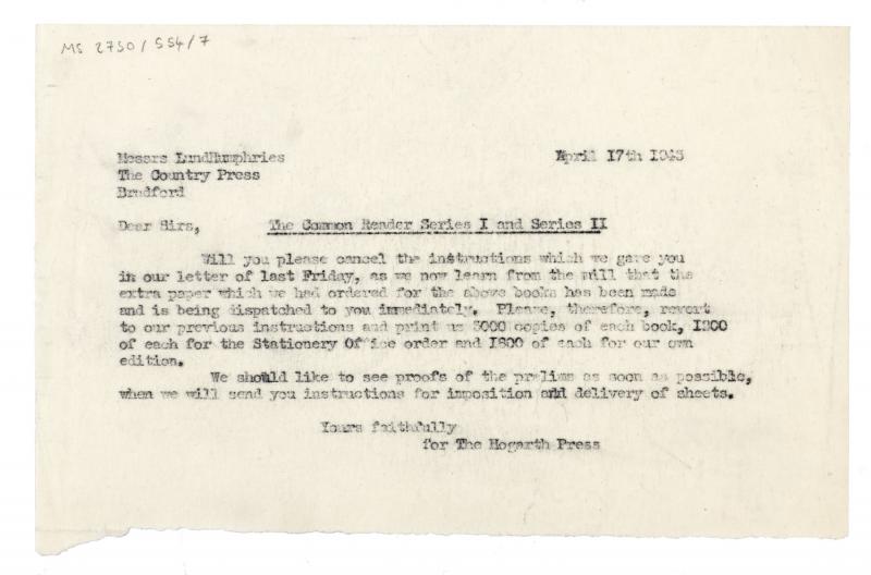 Image of typescript letter from the Hogarth Press to Percy Lund Humphries & Company (17/04/1945) page 1 of 1