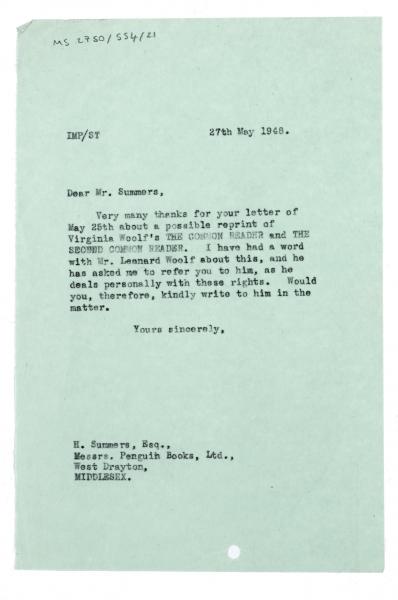 Image of typescript letter from Ian Parsons to H. Summers (27/05/1948) page 1 of 1