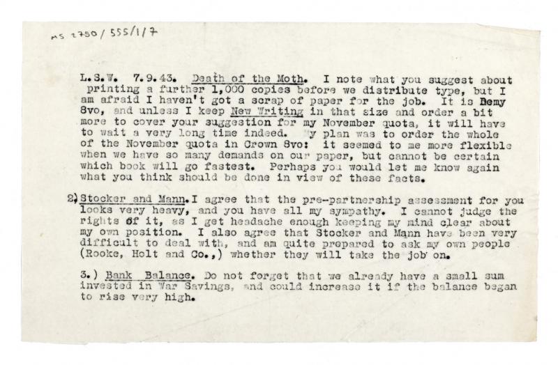 Image of typescript internal memo written by The Hogarth Press relating to 'The Death of a Moth' (07/09/1943)