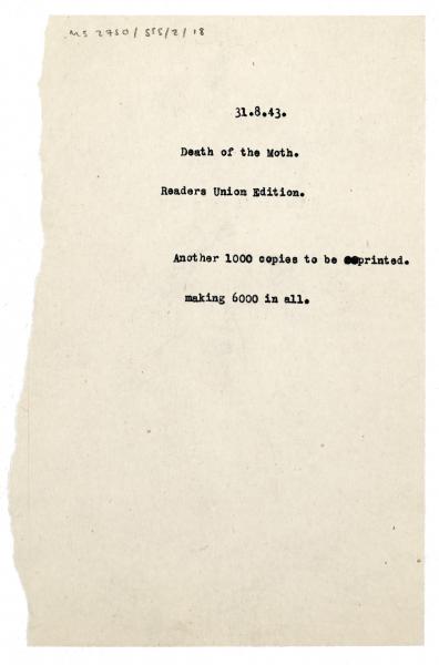 Image of typescript internal memo relating to the Death of the Moth (31/08/1943)