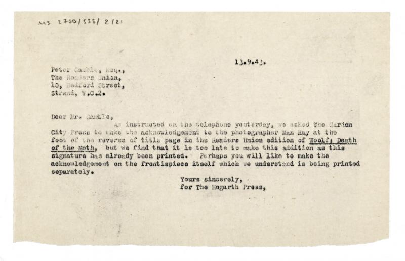 Image of typescript letter from The Hogarth Press the Readers Union Ltd (13/09/1943) page 1 of 1