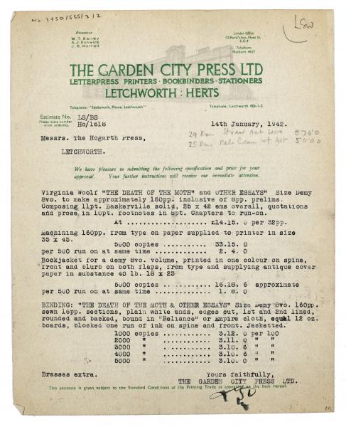 Image of typescript letter from The Garden City Press Ltd to the Hogarth Press (14/01/1942) page 1 of 2