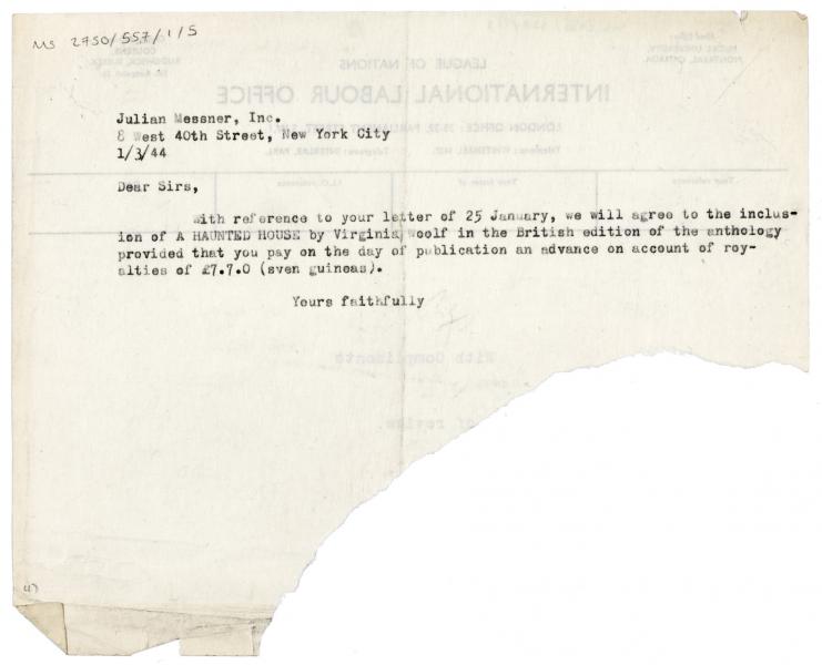 Image of typescript letter from The Hogarth Press to Julian Messner Inc. (01/03/1944) page 1 of 2