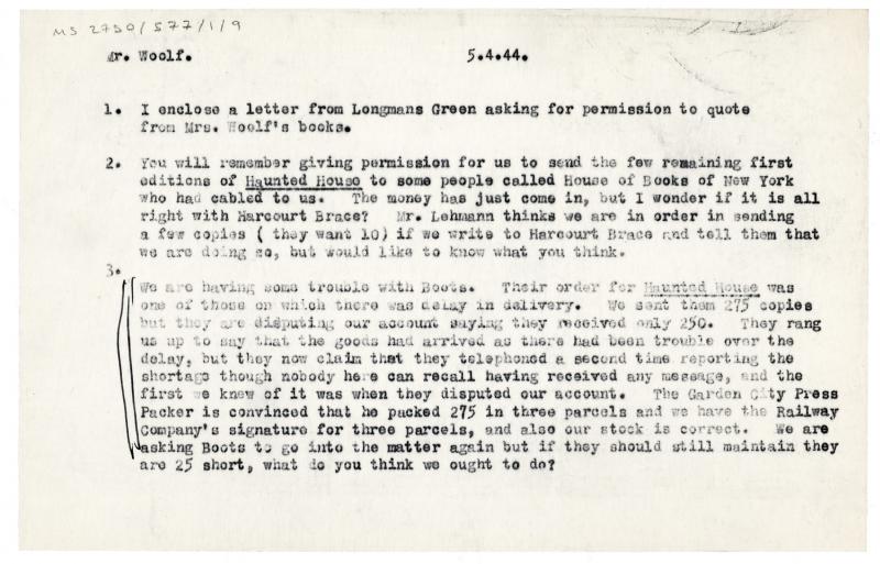 typescript internal note for Leonard Woolf (05/04/1944)