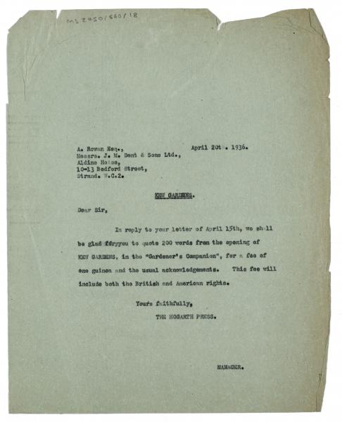 Image of typescript letter from The Hogarth Press to J.M.Dent & Sons Ltd (20/04/1936) page 1 of 1