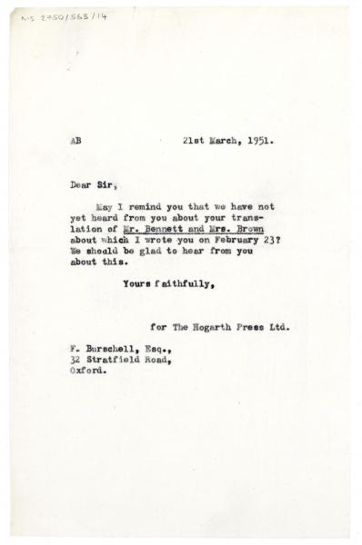 image of typescript letter from Aline Burch to Friedrich Burschell (21/03/1951) page one of one