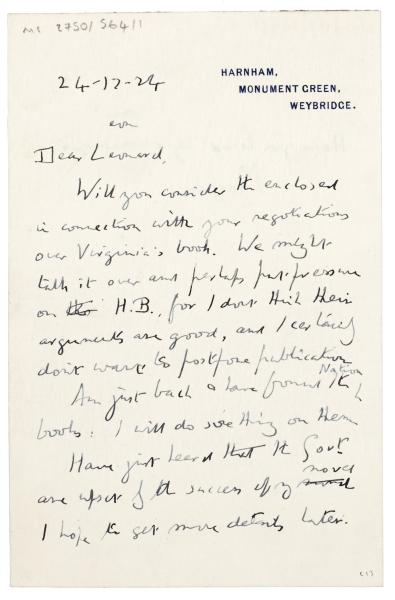 Image of handwritten letter from E. M. Forster to Leonard Woolf (24/12/1924) page 1 of 2