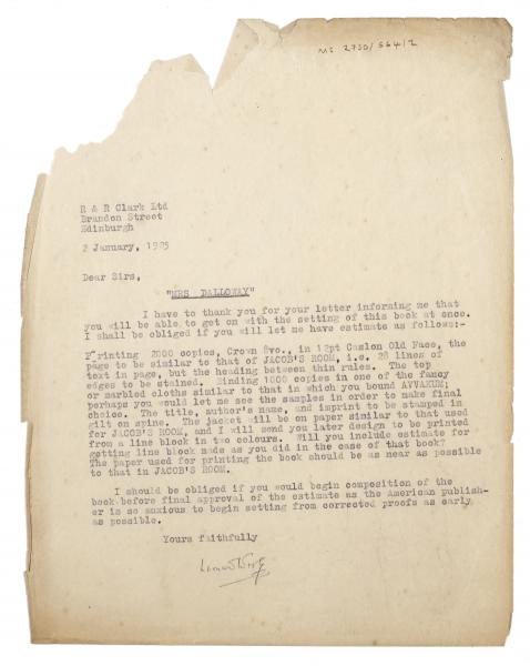 Image of typescript letter from Leonard Woolf to R. & R. Clark (02/01/1925)  page 1 of 1