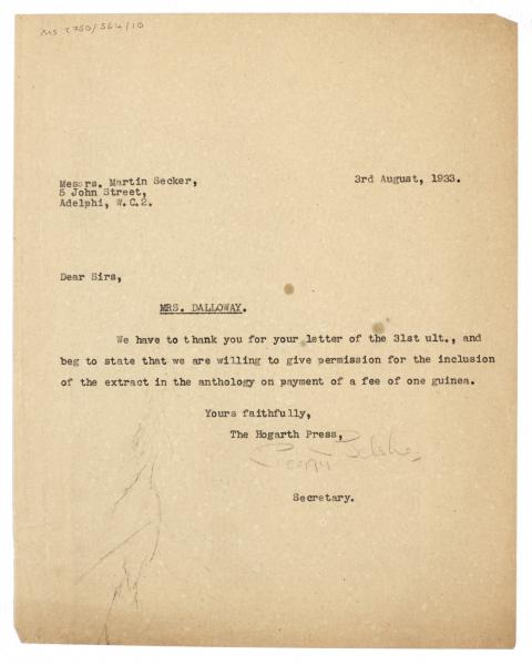 Image of typescript letter from Peggy Belsher to Martin Secker Ltd (03/08/1933)  page 1 of 1