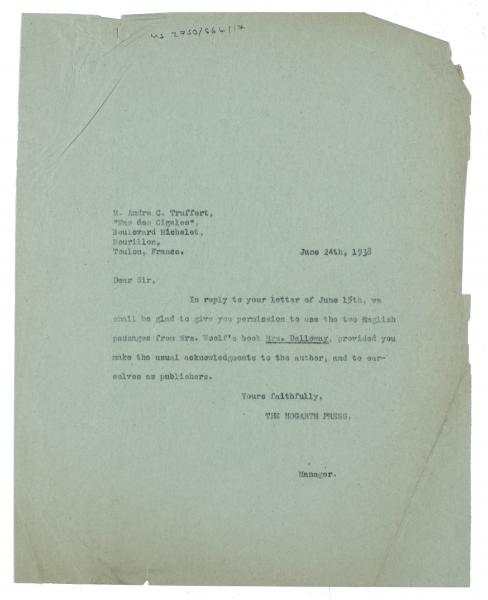 Image of typescript letter from The Hogarth Press to André C. Truffert (24/06/1938) page 1 of 1)