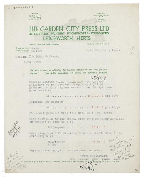 Image of typescript letter from the Garden City Press Ltd to The Hogarth Press (19/11/1941) page 1 of 2
