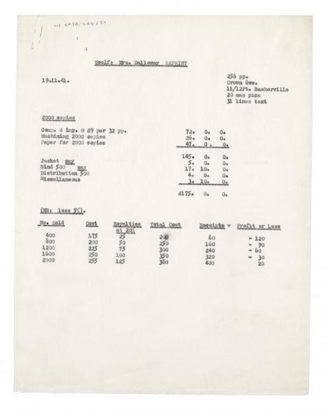 Image of typescript profit and loss estimate relating to Mrs Dalloway reprint (19/11/1941) page 1 of 1