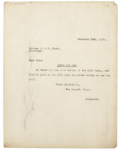 Image of typescript letter from The Hogarth Press to R. & R. Clark (12/02/1929) page 1 of 1