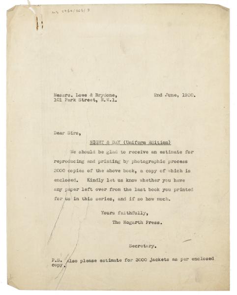 Image of typescript letter from The Hogarth Press to Lowe & Brydone Ltd. (02/06/1930) page 1 of 1
