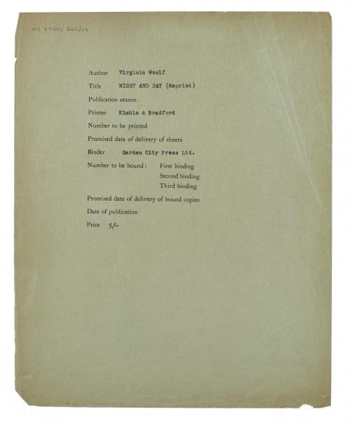 Typescript printing and binding information related to the reprint of Night and Day on green paper, page 1 of 1