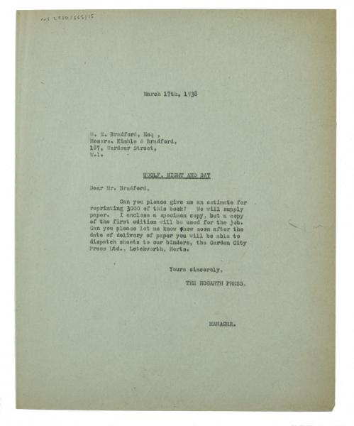 Image of typescript letter from the Hogarth Press to Kimble & Bradford (17/03/1937) page 1 of 1