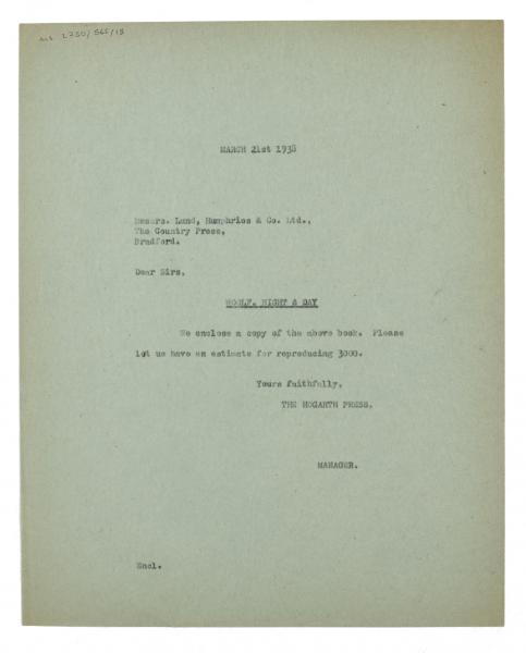 Image of typescript letter from Image of typescript letter, on green paper, from The Hogarth Press to Percy Lund Humphries & Co Ltd (21/03/1938)  page 1 of 1