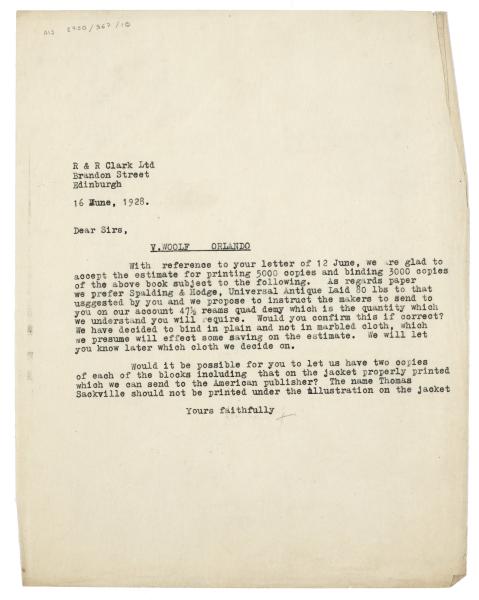 Image of typescript letter from The Hogarth Press to R. & R. Clark (16/06/1928) page 1 of 1