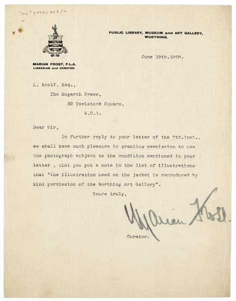Image of typescript letter from the Public Library, Museum and Art Gallery, Worthing to Leonard Woolf (19/06/1928) page 1 of 1