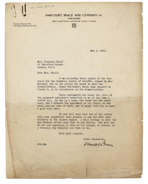 Image of typescript letter from Donald Brace to Virginia Woolf (06/05/1930) page 1 of 1