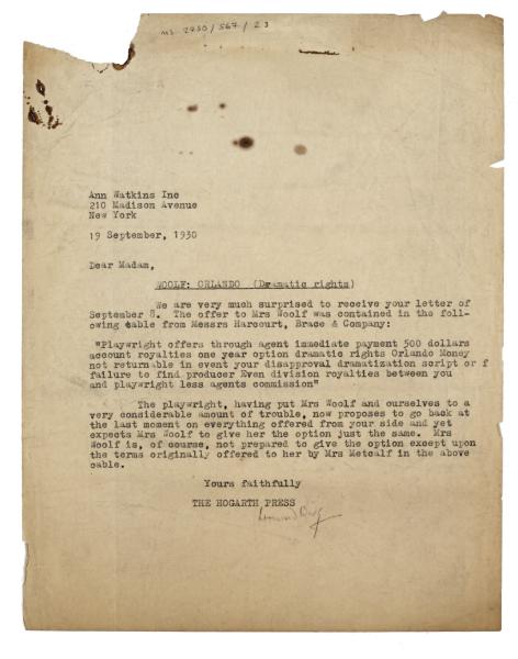 Image of typescript letter from Leonard Woolf to Ann Watkins Inc (19/09/1930) page 1 of 1