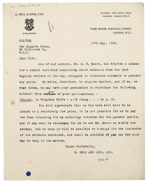 Image of typescript letter from George Bell & Sons to The Hogarth Press (17/05/1932) page 1 of 1