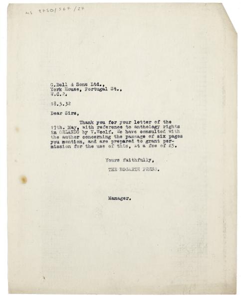 Image of typescript letter from John Lehmann to George Bell & Sons (18/05/1932) page 1 of 1