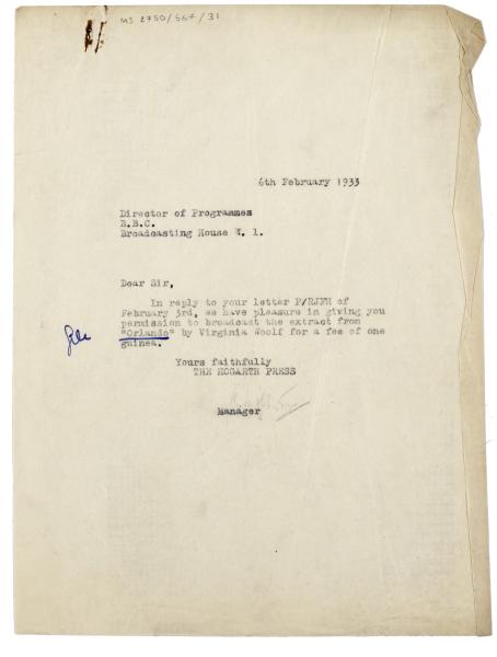 Image of typescript letter from Miss Scott Johnson to The British Broadcasting Corporation (BBC) (06/02/1933) page 1 of 1