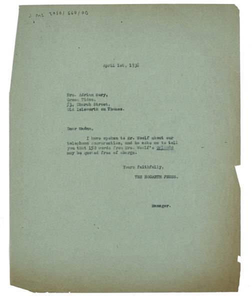 Image of typescript letter from The Hogarth Press to Adrian Bury (01/04/1938) page 1 of 1