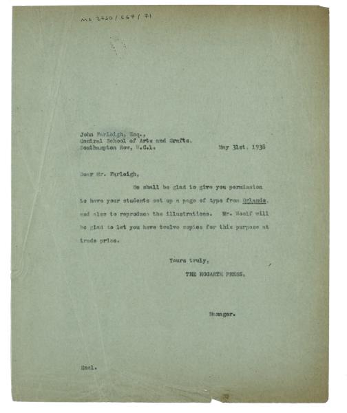Image of typescript letter from The Hogarth Press to Central School of Arts and Craft (31/05/1938) page 1 of 1