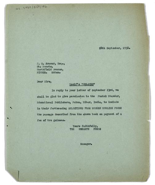 Image of typescript letter from The Hogarth Press to J. S. Armour (28/09/1938) page 1 of 1