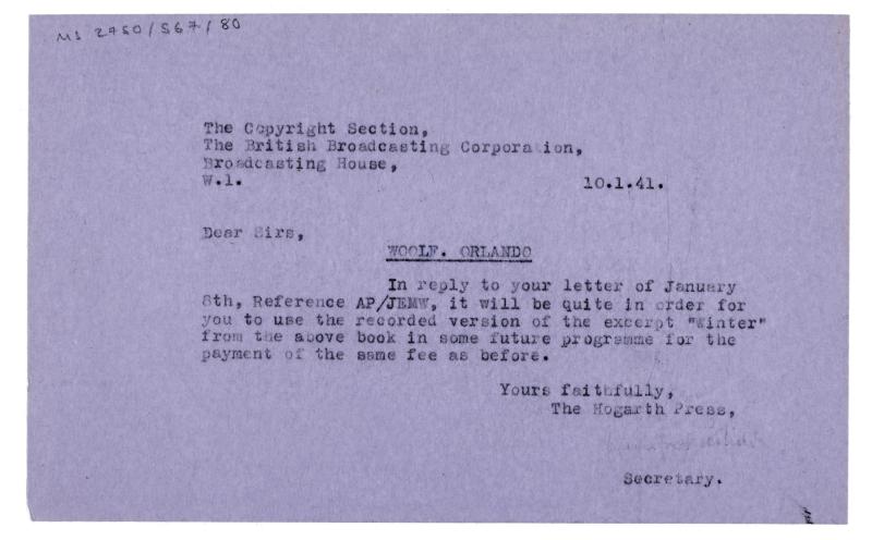 Image of typescript letter from Winifred Perkins to The British Broadcasting Corporation (BBC) (10/01/1941) page 1 of 1