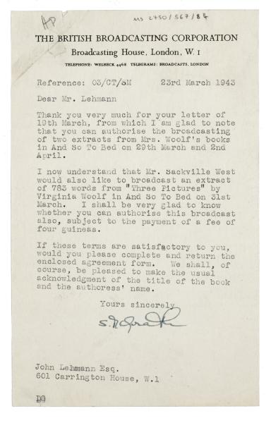 Image of a Letter from The British Broadcasting Corporation (BBC) to John Lehmann (23/03/1943)