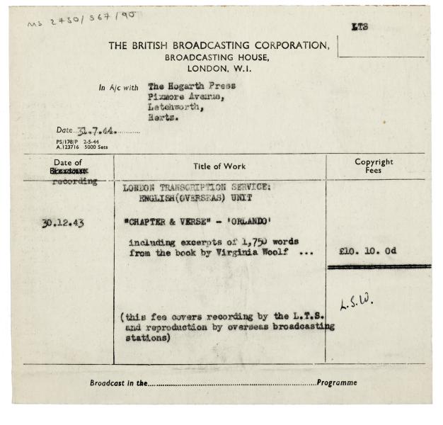 Image of a Copyright fee statement in account with The BBC for broadcasting an Orlando: A Biography excerpt (1944)