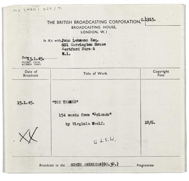 Image of a Copyright fee statement in account with The BBC for broadcasting an Orlando: A Biography excerpt (1945)