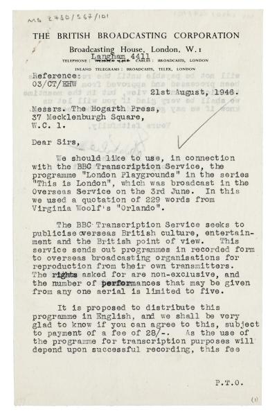 Image of a Letter from The British Broadcasting Corporation (BBC) to The Hogarth Press (21/08/1946) page 1